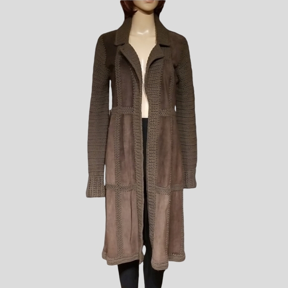 William B Vintage Fall Coat Crochet & Suede Leather / Silk Lined / Sz S / Brown - Picture 4 of 17